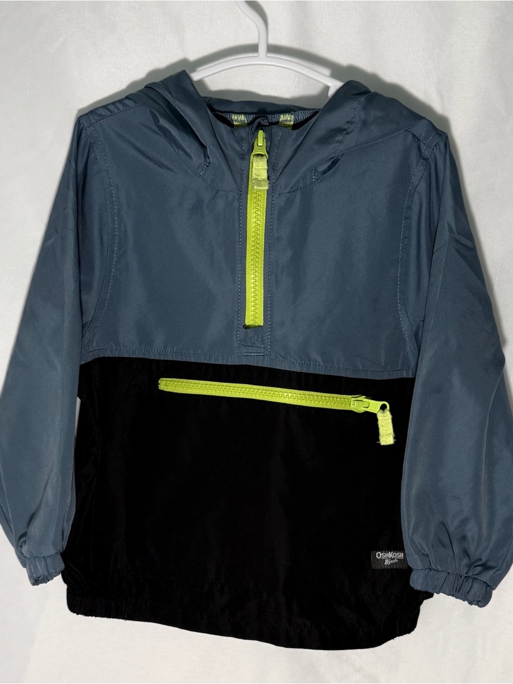 OshKosh B'gosh Two-Tone Hooded Rain Pullover in Blue & Black with Neon Zips
